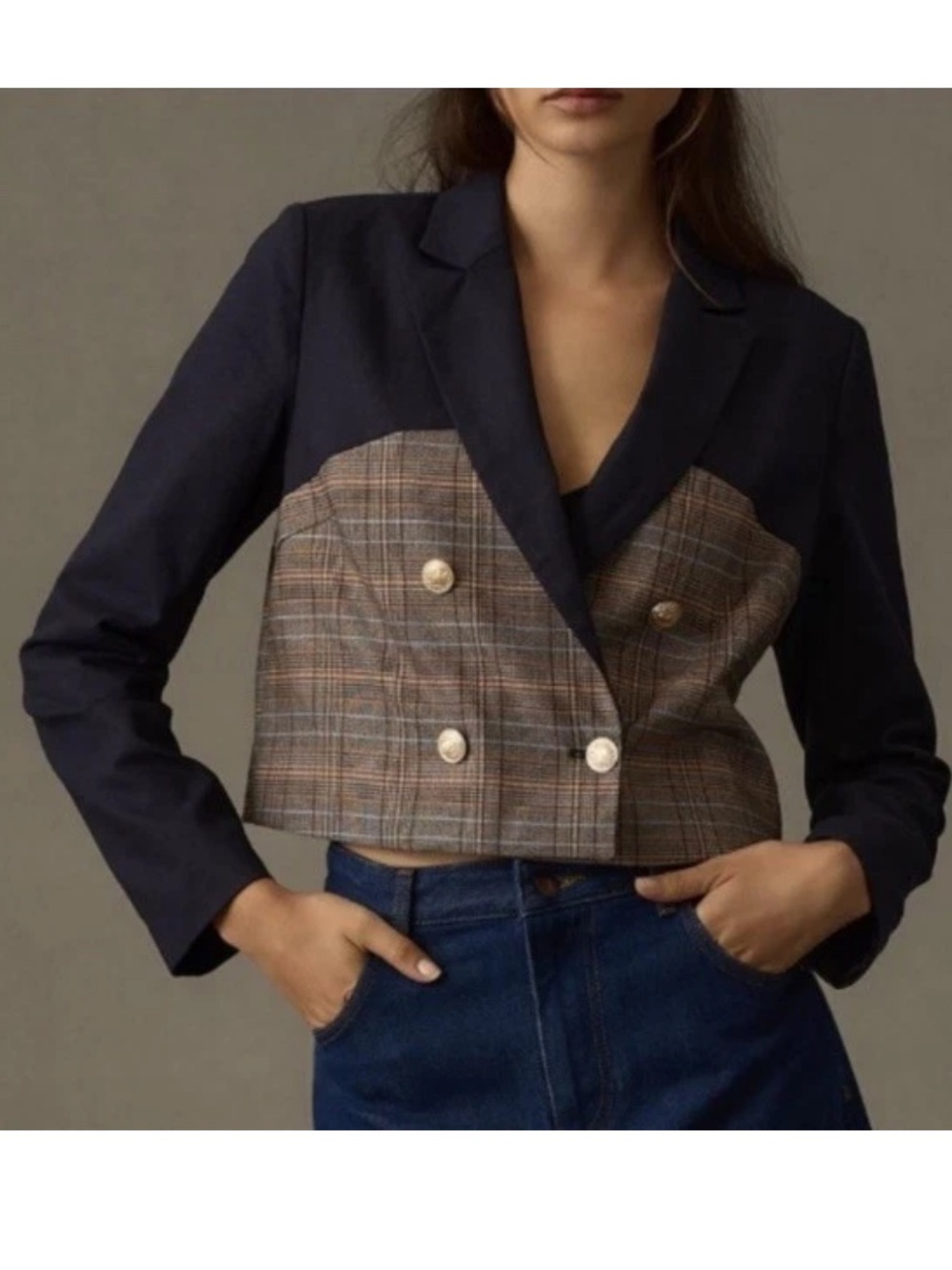 Anthropologie Dolan Cropped Blazer Blue Plaid Linen Blend XS Gold Buttons Preppy